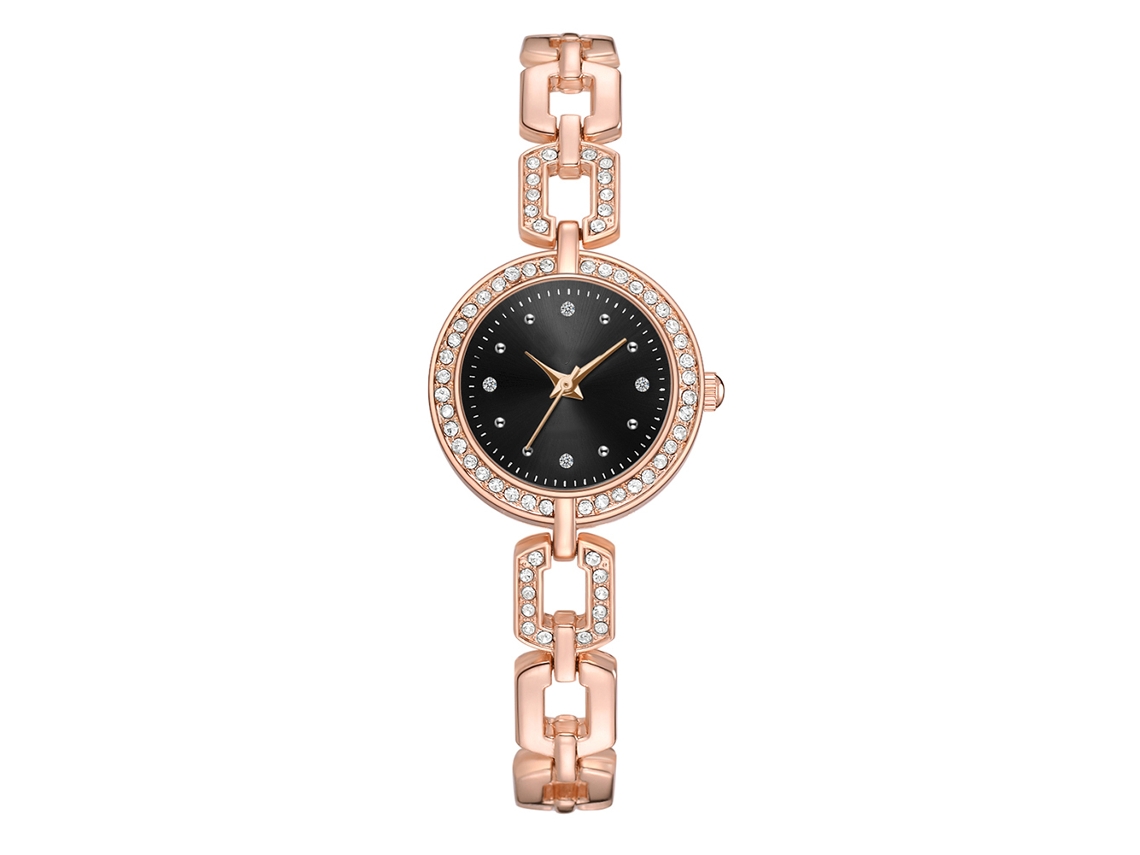 Reloj De Pulsera Casual De Aleación Para Mujer Con Esfera Redonda, Movimiento De Cuarzo, Oro Rosa Y Negro.