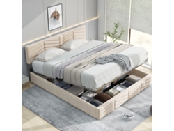 Cama Tapizada De 140x200 Cm, Cabecero Regulable, Somier De Láminas De Madera, Terciopelo Beige, Fácil Montaje.
