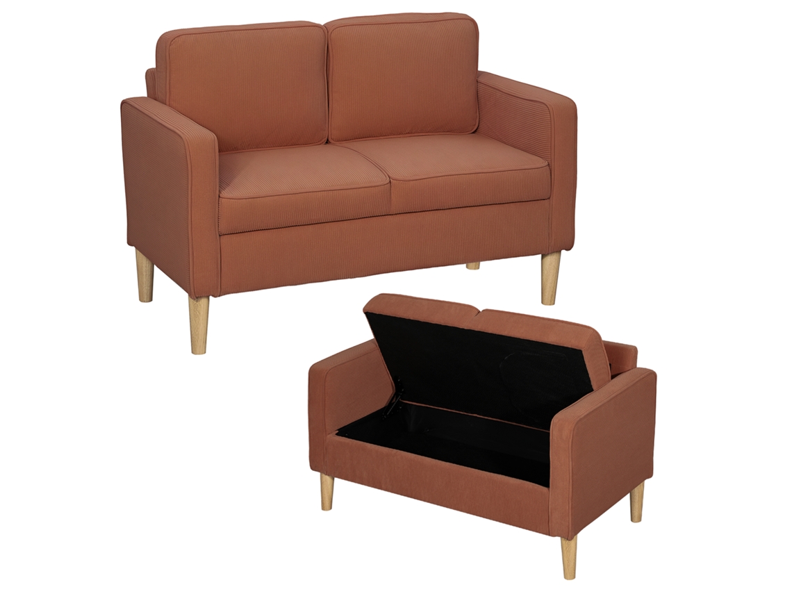 Sofá de 2 plazas con almacenamiento, patas de madera maciza, 117x63x79 cm, naranja.