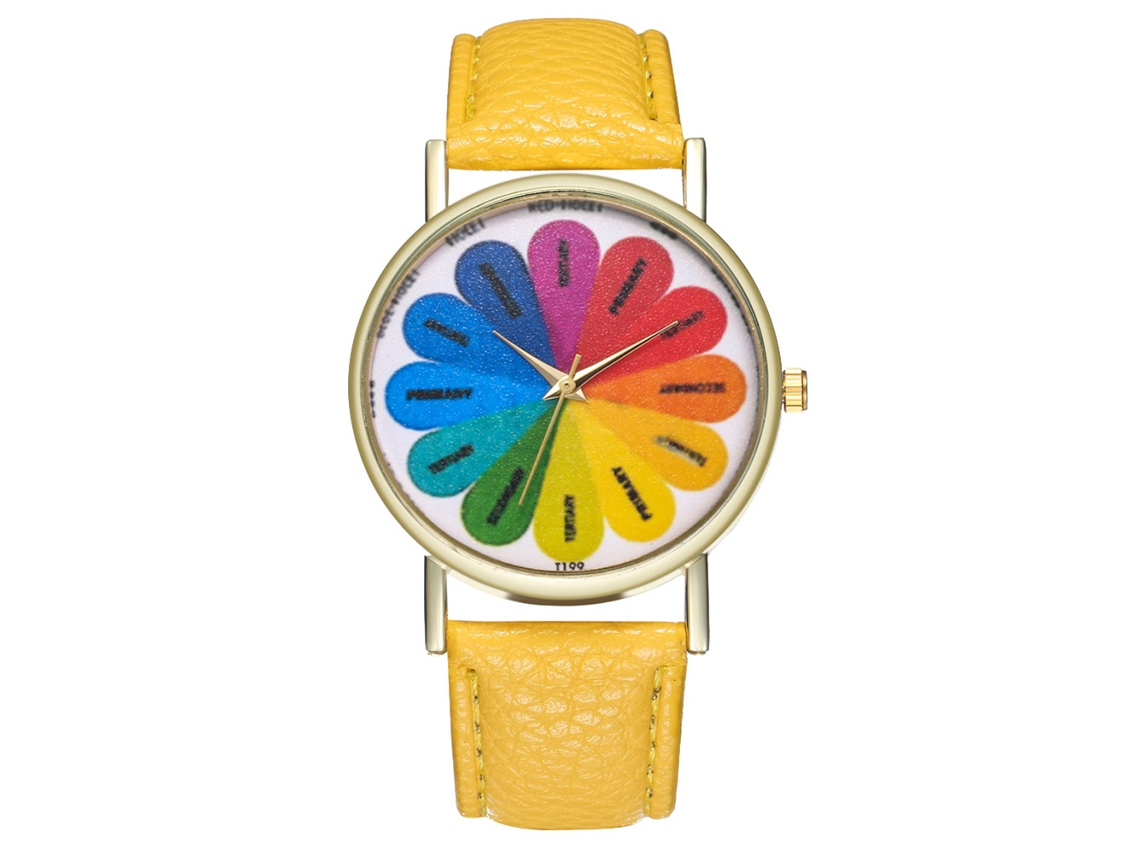 Reloj De Pulsera De Cuarzo Informal Para Mujer Con Correa De Piel Sintética Y Esfera Redonda Amarilla.