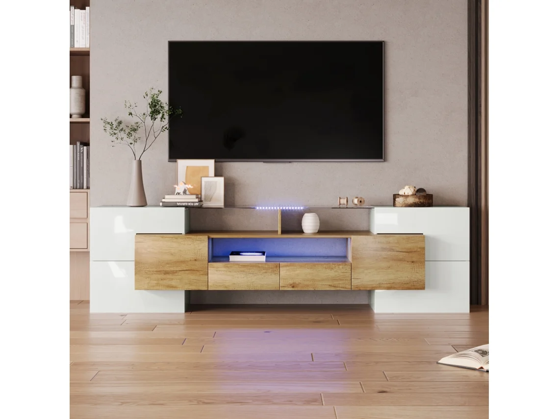 Mueble Tv 200cm Blanco Led Cristal Diseño Moderno Salón Elegante
