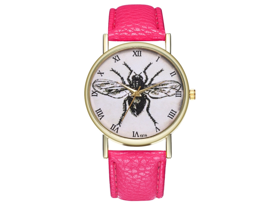 Reloj De Pulsera De Cuero Con Patrón De Insectos Moda Para Mujer Y Hombre Rosa