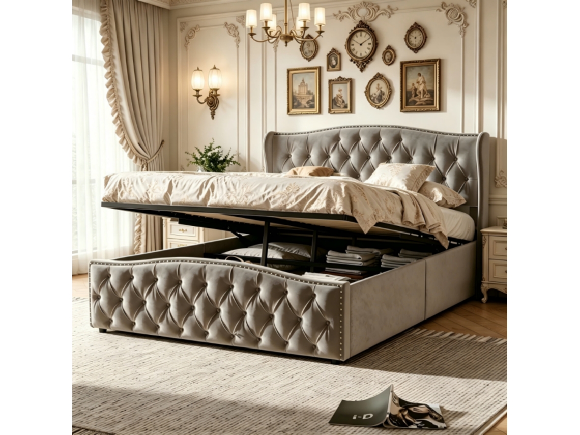Cama De 140 X 200 Con Doble, Para Adultos, Sistema Hidráulico, estructura Tapizada, Dos Personas, cabecero De Terciopelo