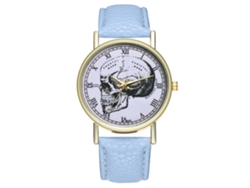 Reloj De Pulsera Unisex De Cuarzo Con Correa De Piel Sintética Con Estampado De Calavera Azul Claro.
