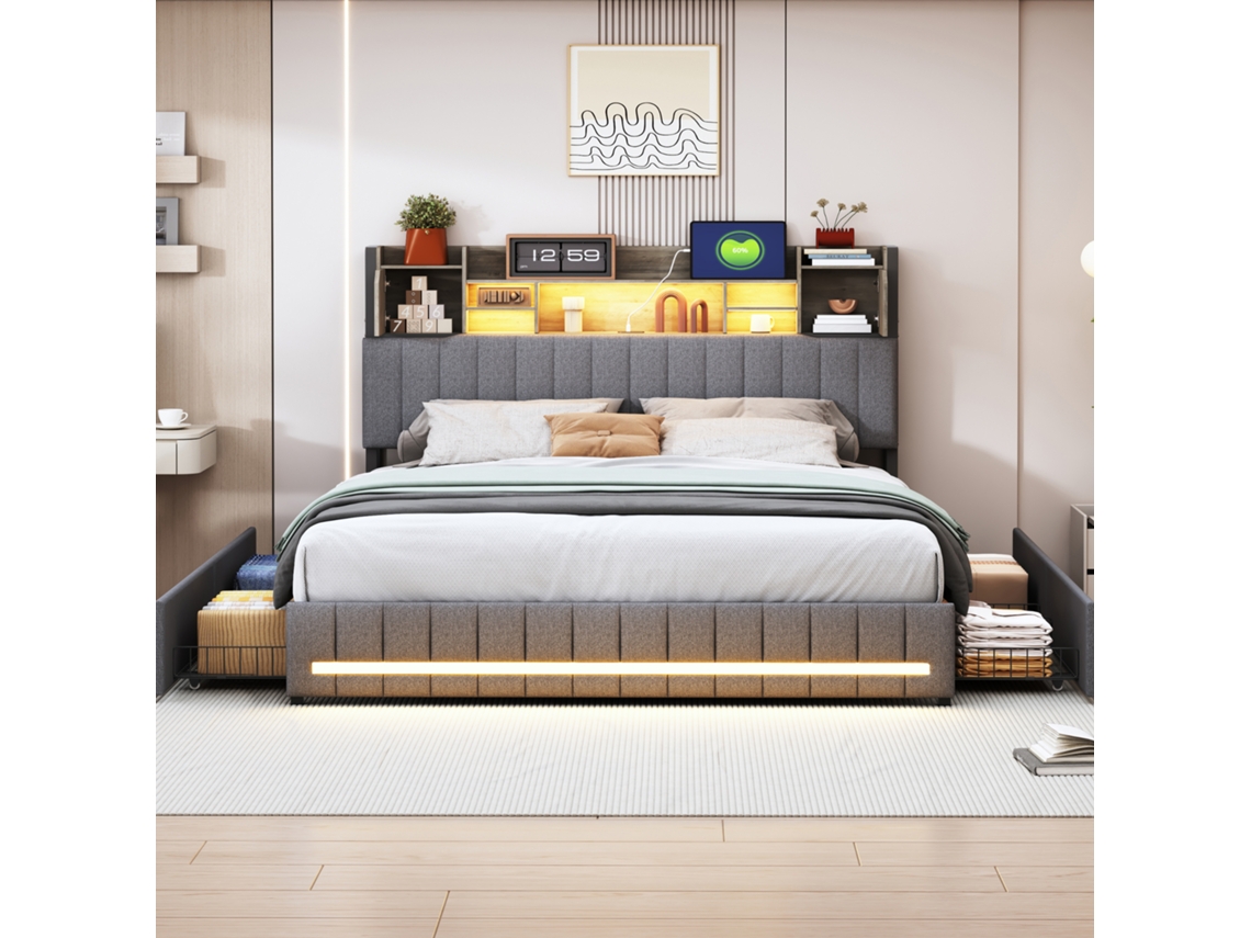 Cama Tapizada De Matrimonio 140x190 Cm Con Almacenaje, Luces Led, 4 Cajones Y Carga Usb/usb-c, Diseño Moderno En Lino Gris