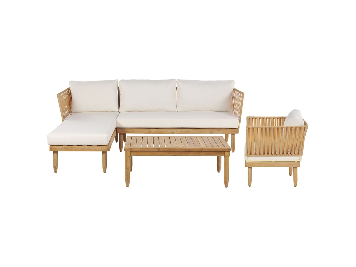 Sofá esquinero 4 plazas de madera de acacia clara/blanco crema derecho BELIANI Cremona