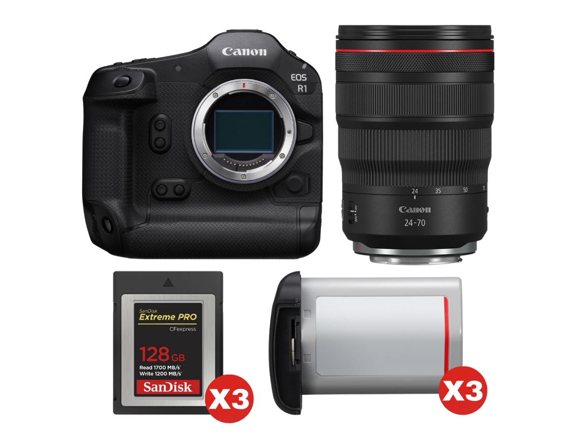 EOS R1 + RF 24-70 mm F/2.8 L IS USM + 3 tarjetas Sandisk Extreme Pro de 128 GB Cfexpress Tipo B + 3 tarjetas Canon LP-E19 + Libro electrónico Pricedirect CANON