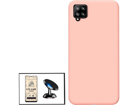 Kit Cristal Templado CeramicGlass Full Cover, Funda Silicona y Soporte Magnético de Coche Samsung Galaxy A12 Nacho PHONECARE Rosa