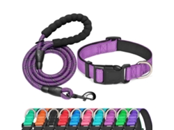 Kit Collar Reflectante + Correa Morada Xl, Nailon Resistente, Ajustable, Asa Suave, Ideal Para Perros Extra Grandes