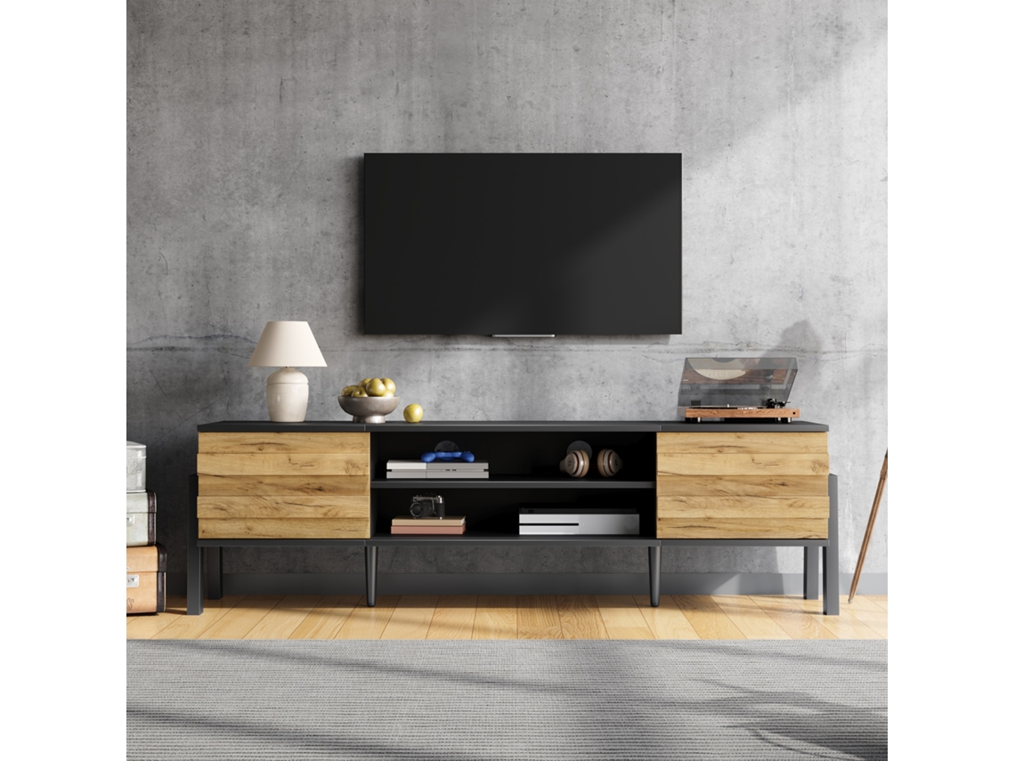 Mueble Tv 175x39,5x53 Cm - Lowboard Con 2 Armarios Y Espacio De Almacenamiento Abierto, Soporte Para Tv Hasta 70 Pulgadas - Negro