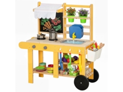 Cocina Infantil De Madera Con Ruedas, Agua Corriente, Fregadero Y Estufa Amarilla.