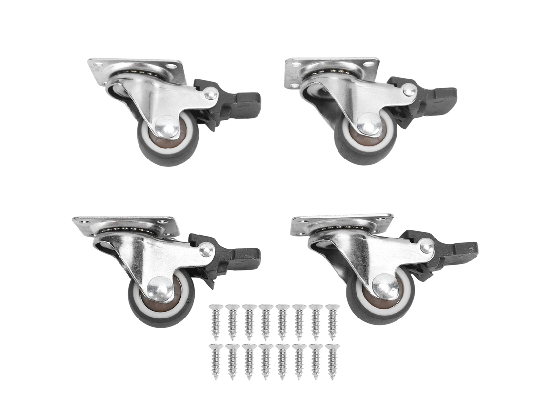 ruedas pequeñas giratorias, de acero y goma, montadas con tornillos.