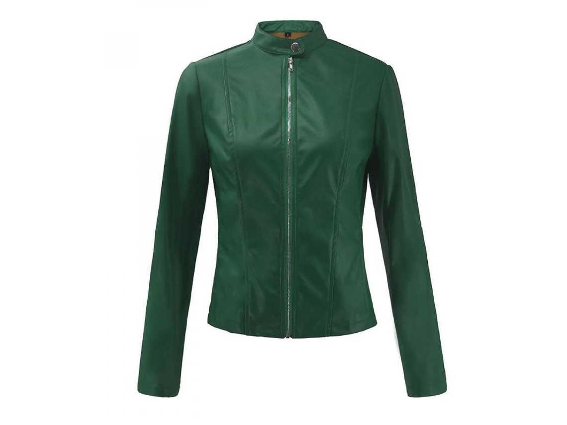 2026-chaqueta De Cuero Falso Vintage Otoño Mujer Con Cremallera Cuello Alto Ajustado Manga Larga Moto Biker S Verde