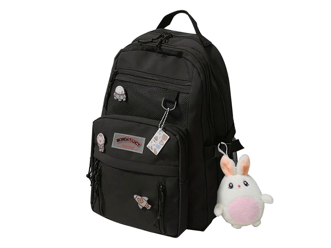 Mochila escolar de nailon con gran capacidad y un bonito colgante, ideal para viajes, universidad y colegio. Negra.