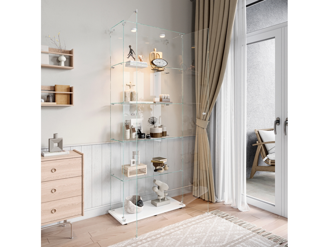 Vitrina de cristal con 5 estantes y compartimento de almacenamiento seguro e iluminación 80x35x185 cm Puertas dobles Blanco Rosahqnda