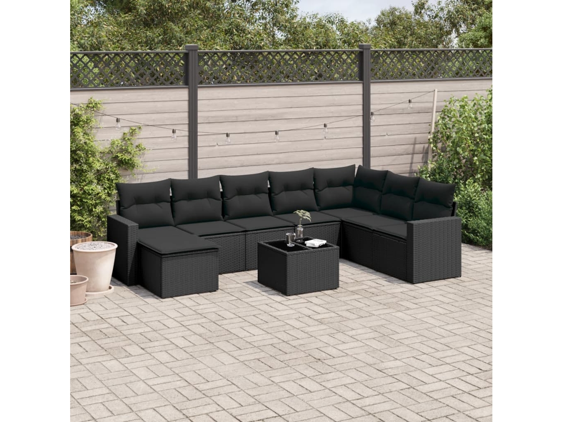 Conjunto de sofá de jardín de 9 piezas con cojines, ratán negro, Dkd Home Decor