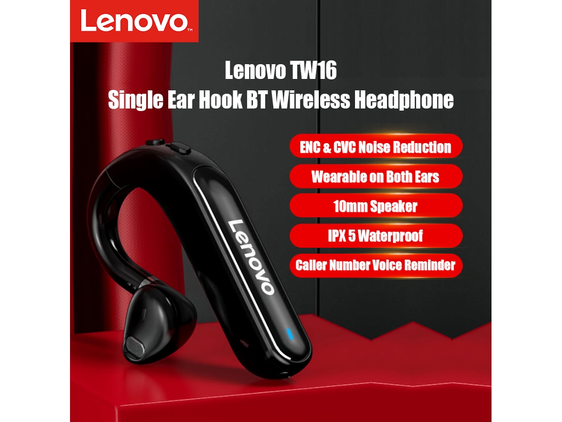 Fone De Ouvido Bluetooth Lenovo Tw16 Com Gancho Ouvido Mono Redução De Ruído Enc Cvc Ipx5 10mm Bateria 150mah Compatível Ios Android