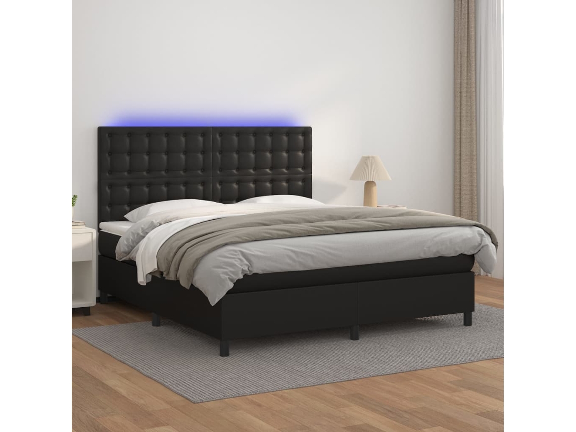 Cama Box Spring Colchón Y Led Cuero Sintético Negro 160x200 Cm