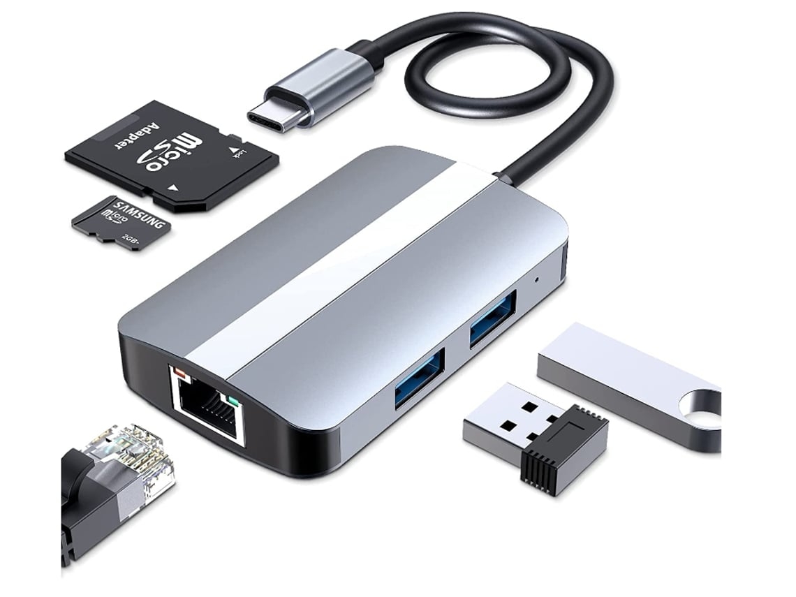 Usb C Hub 5 En 1 Adaptador Usb C Multipuerto Con Usb 3.0 Ethernet Rj45 Y Lector De Tarjetas Sd/Tf Gris