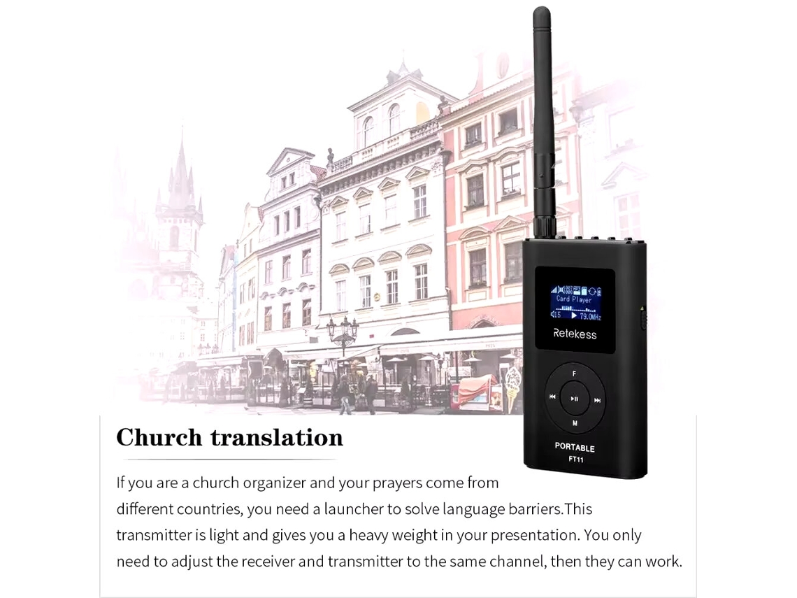 Transmisor FM Retekes FT11 con micrófono inalámbrico para guías turísticos en iglesias y reuniones. Compatible con tarjeta TF auxiliar.