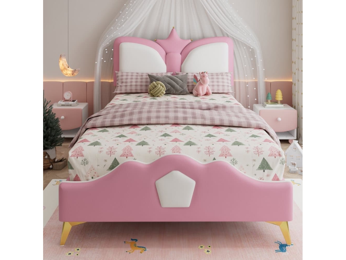 Cama Infantil Tapizada 90x200 - Cabecero Con Forma De Corona Y Borde Anticolisión - Rosa+blanco