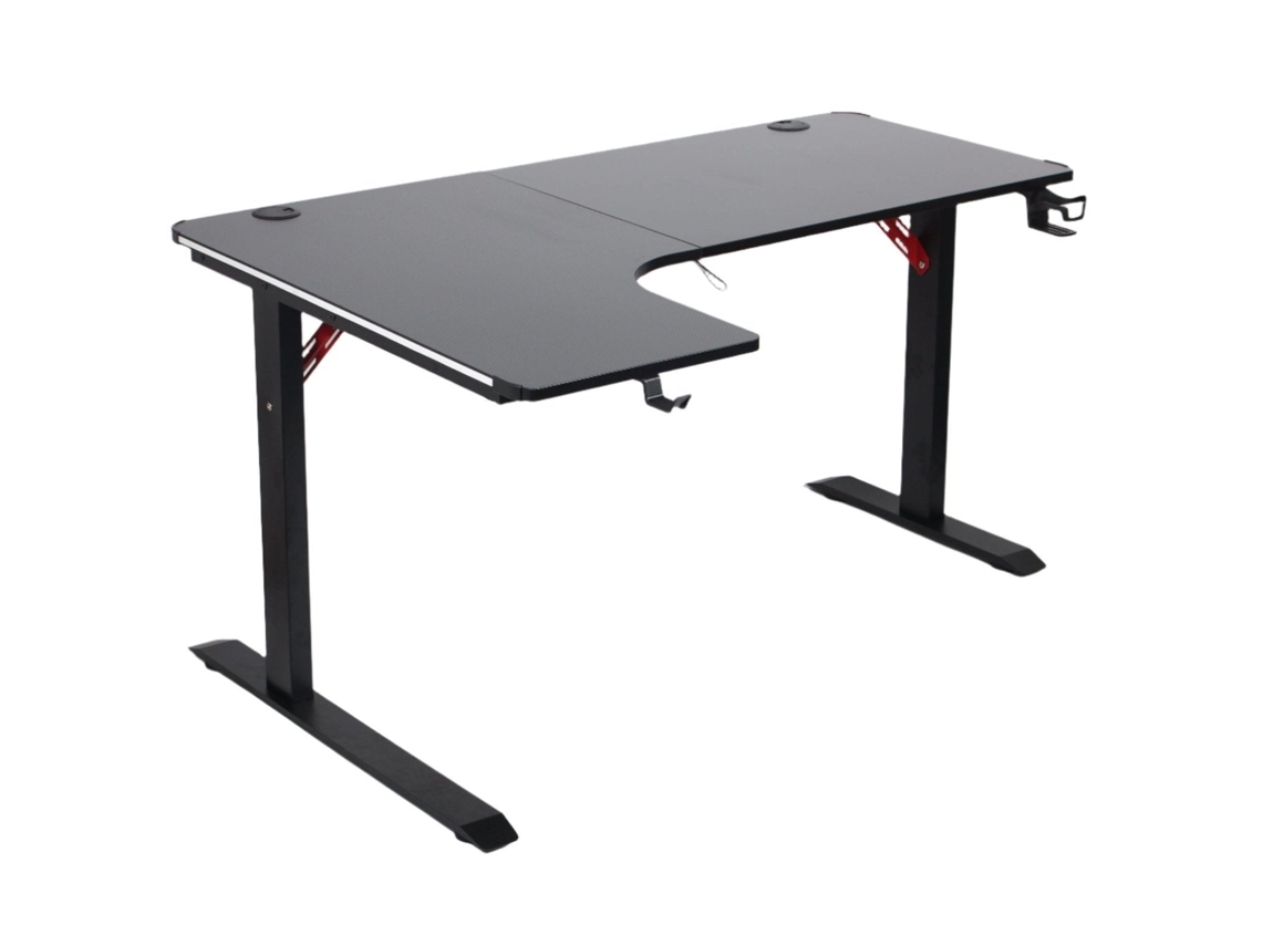Mesa Todeco en forma de L, 160×100 cm, mesa de juego con LED, mesa de juego con tablero de fibra de carbono, con portavasos y gancho para auriculares