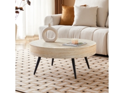 Mesa De Café Redonda 70 Cm - Estilo Minimalista, Mdf Con Efecto Madera Travertino, Patas De Metal Negro - Negro,madera