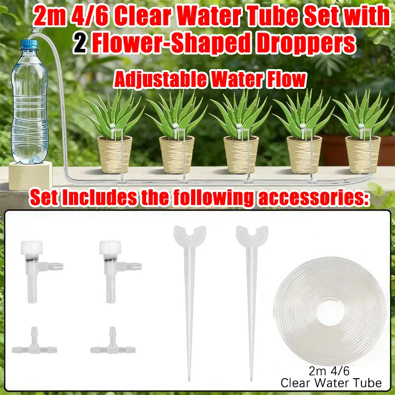 (manguera De 2 Metros, 2 Reguladores) Kit De Riego Por Goteo Para Jardín, Manguera De 4/7 Mm, Mini Goteros