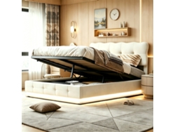 Cama Doble Tapizada De 140 X 190 Cm, Cama Doble Con Canapé Hidráulico Y Luces Led, Estructura Con Cabecero Regulable En Altura, Cama Acolchada