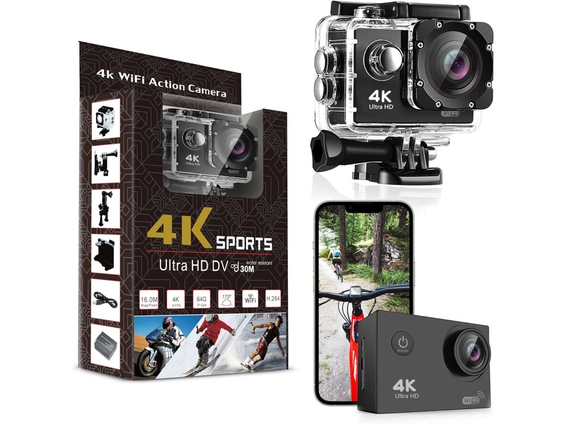 Cámara De Acción Wifi 4k Sumergible Hasta 30 M Con Lente Gran Angular De 170° (negra)