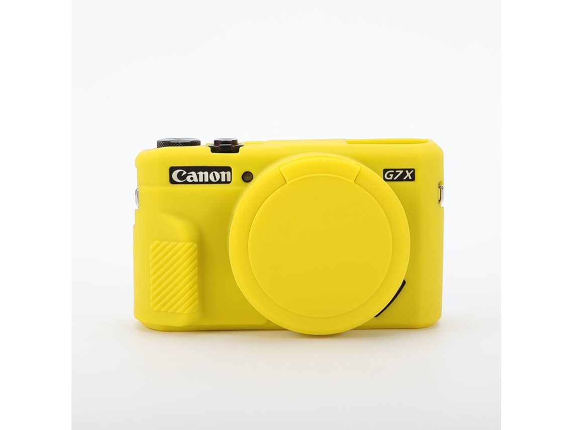 Funda de silicona para cámara Canon Powershot G7x Mark II con tapa de objetivo extraíble. Color amarillo. Gertiz.