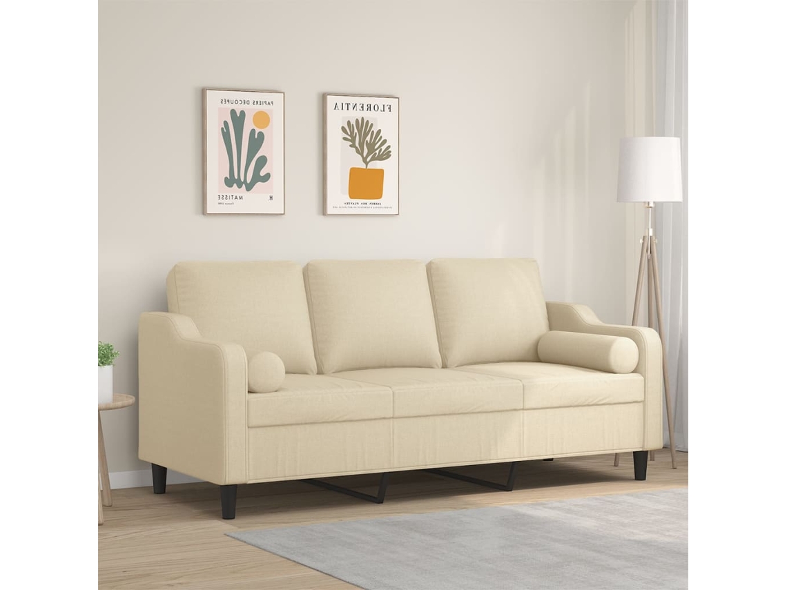 Sofá HARLANV1 de 3 plazas con tapicería color crema, 180 cm, y cojines.