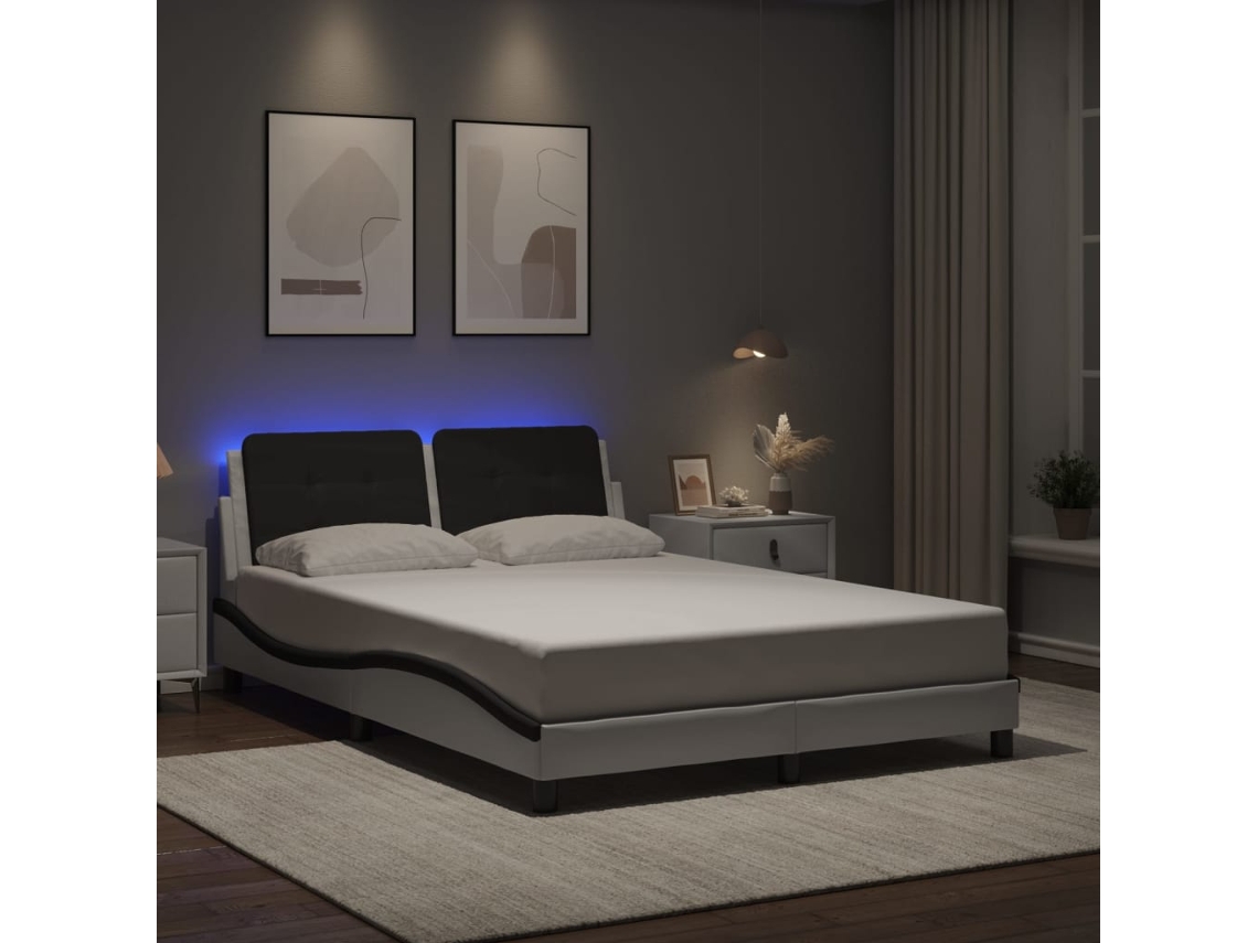 Estructura Cama Con Led Cuero Sintético Blanco Negro 140x200 Cm