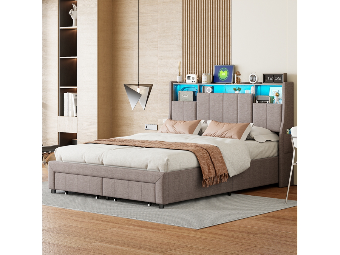 Cama Doble 140 X 200 Cm, Cama Tapizada Con Led, Usb Y 2 Cajones Cabecero Con Espacio De Almacenamiento, Gris Lino