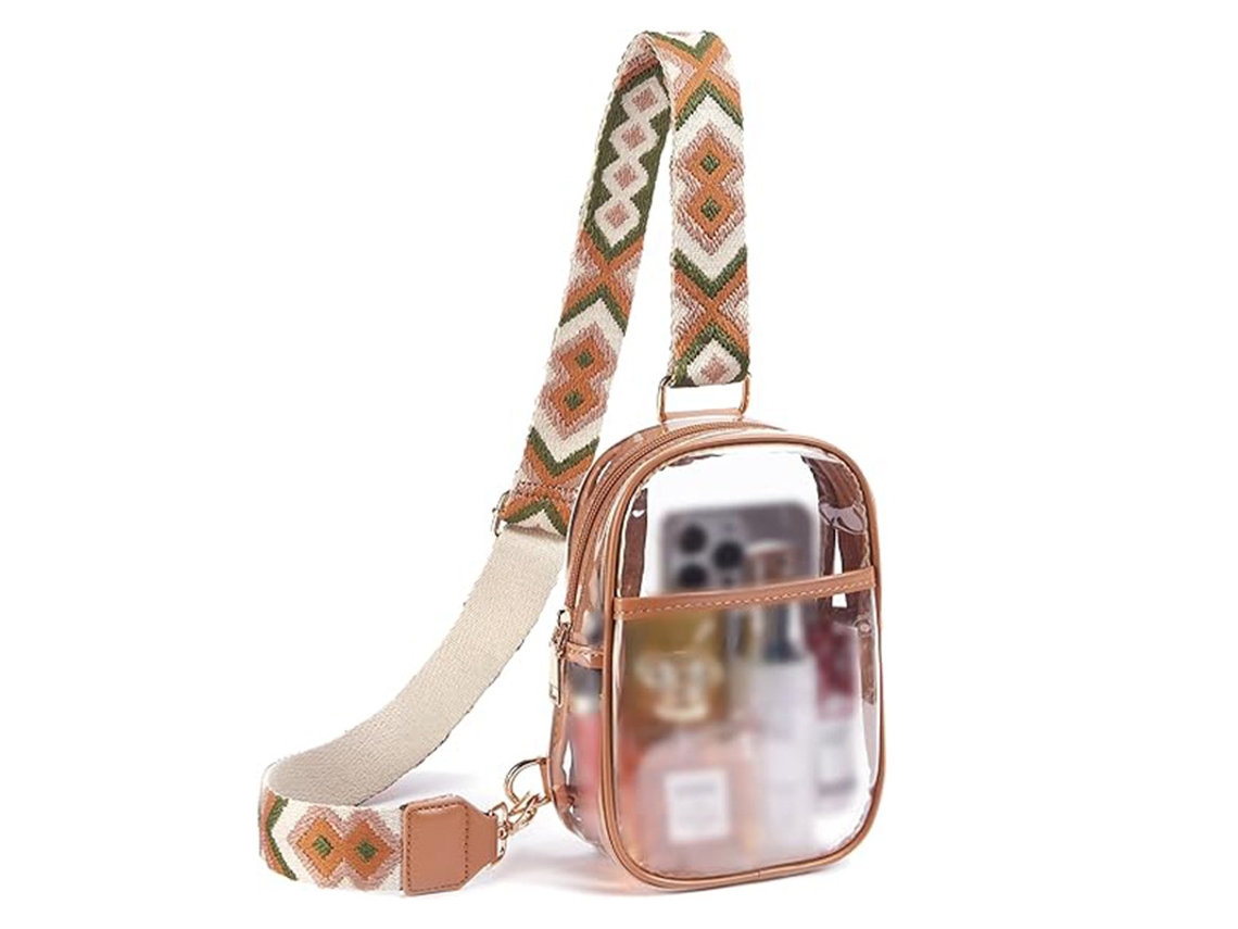 Bolso transparente de PVC para llevar en el pecho, al hombro o cruzado. Marrón claro. 20*14*5 cm. YUNZII