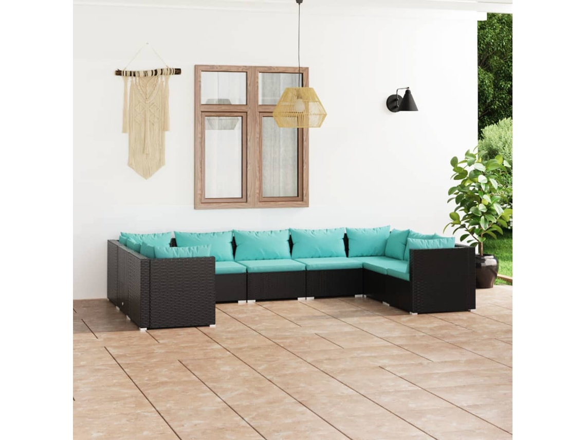Conjunto de jardín de 9 piezas con cojines, mimbre sintético negro, DKD Home Decor