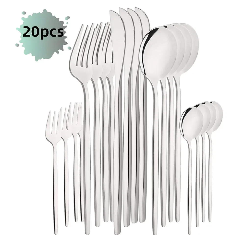 Cubiertos de acero inoxidable con acabado pulido espejo, perfectos para el hogar, restaurantes y bodas. MDUG (plata, juego de 20 piezas)