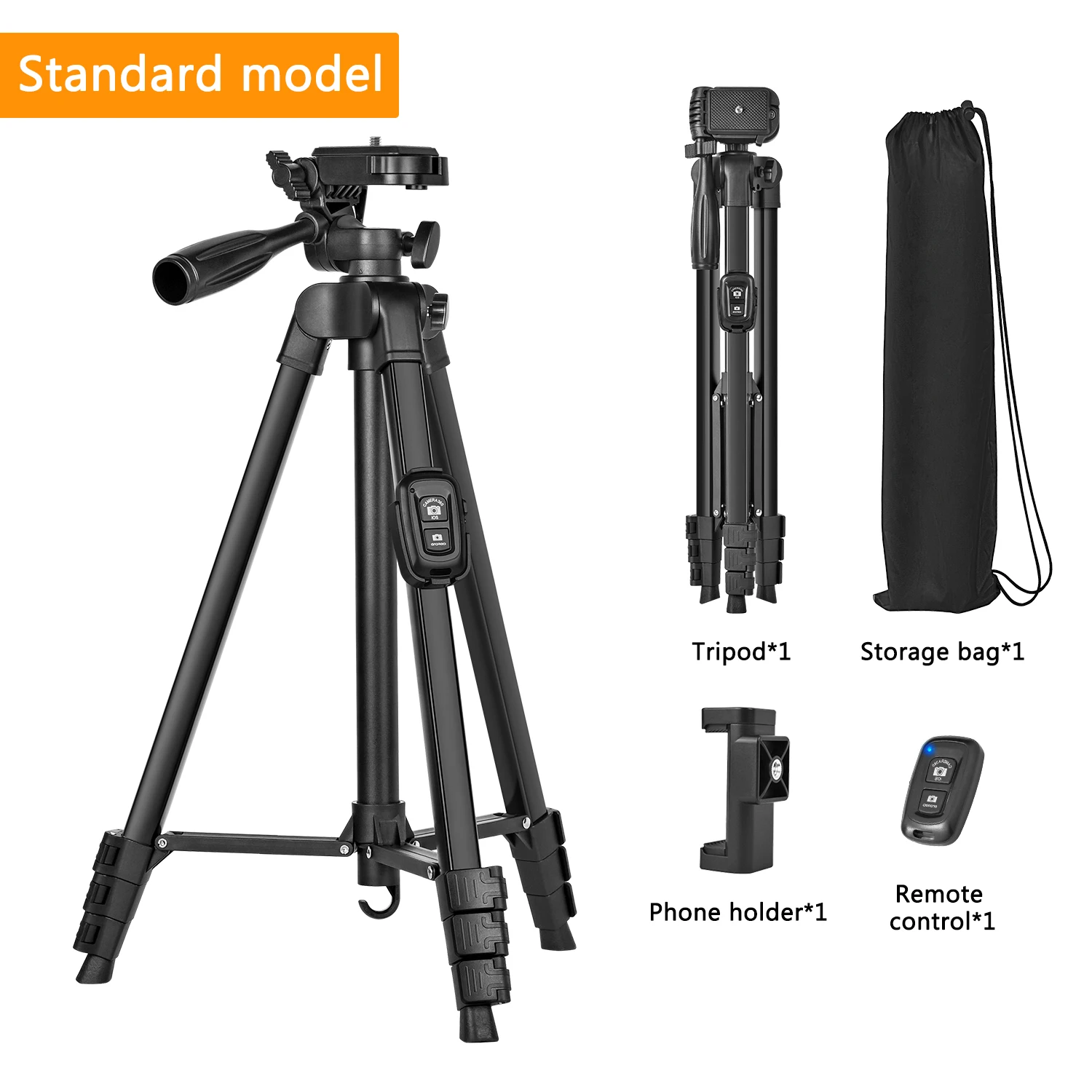 Trípode de cámara de aluminio de 60 pulgadas con bolsa y control, universal, modelo estándar.