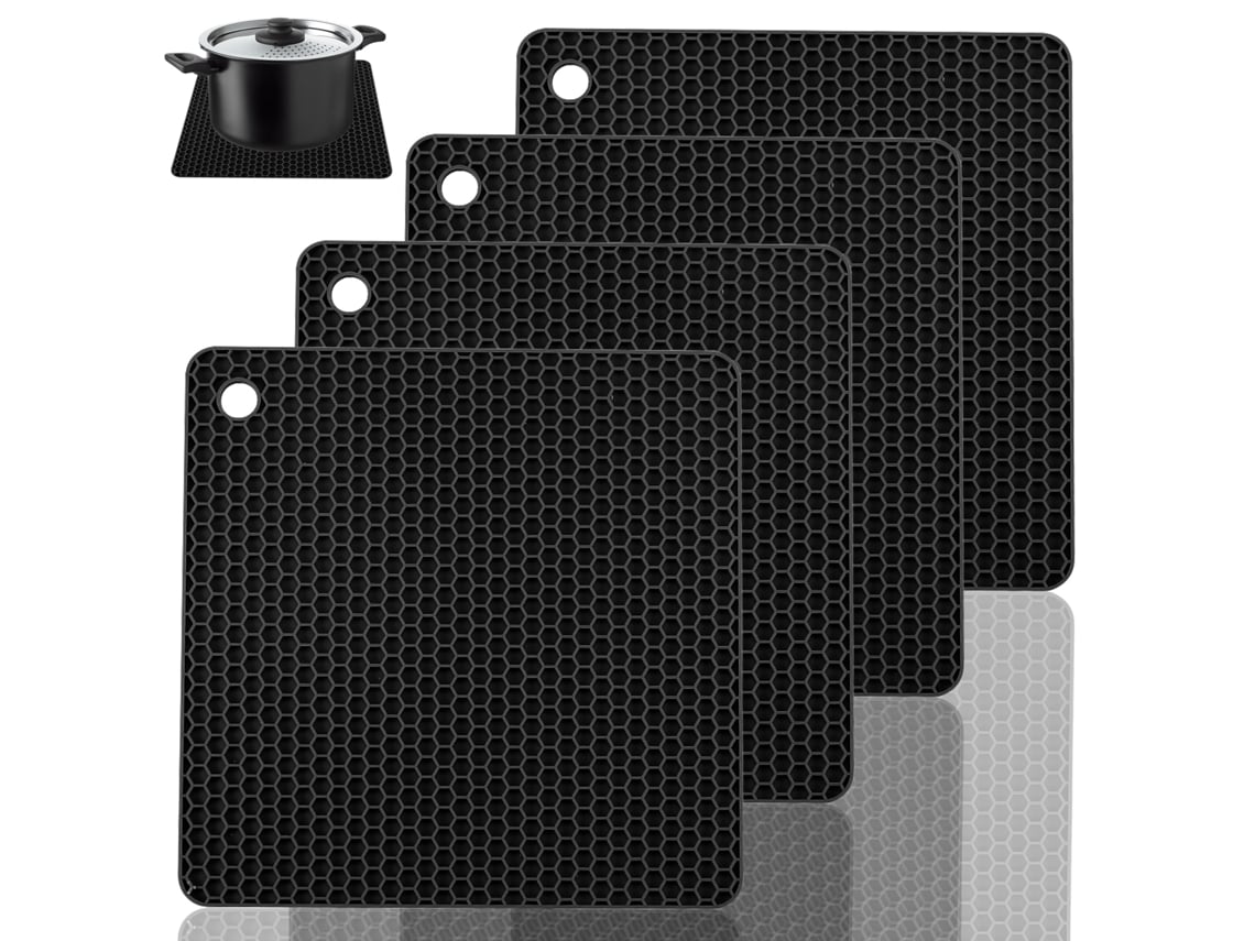KOFIHETY AVANA - Set 4 Bases Antiderrapantes Alta Resistencia Térmica Fácil Limpieza 2 Redondas 2 Cuadradas Diseño Hexagonal - Negro