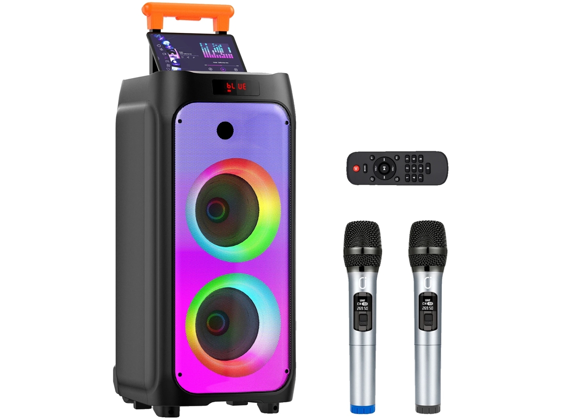 Máquina de karaoke, dos subwoofers, conectividad Bluetooth, color negro.