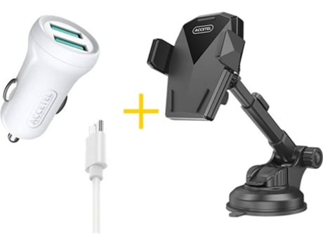 Kit Cargador Auto para Alcatel 1V 2019 ACCETEL SP129 (2.4A - Micro-USB - Blanco y Negro)