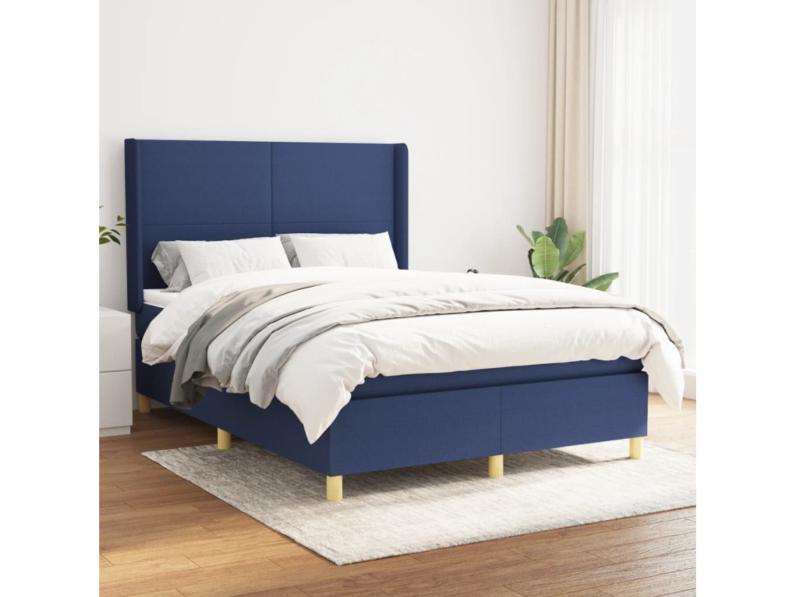 Cama Box Spring Con Colchón Tela Azul 140x200 Cm