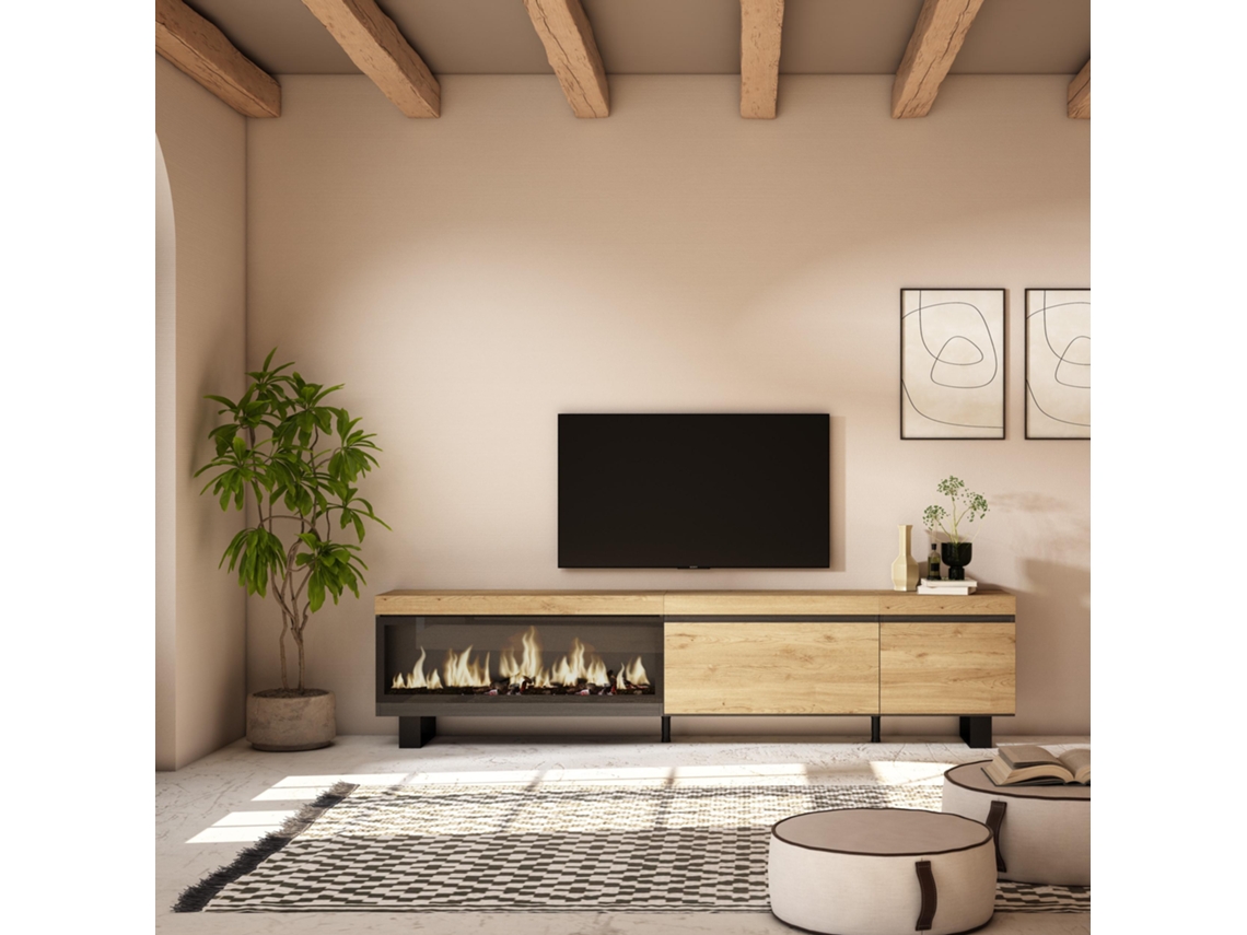 Mueble TV, Televisión, 237x57x35 cm, Para TV gran formato, Chimenea eléctrica XXL, Diseño industrial, Roble SKRAUT HOME