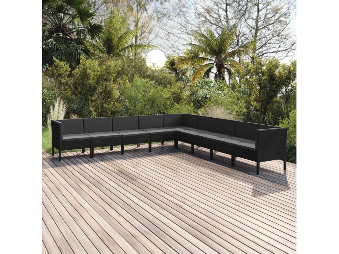 Conjunto de jardín de 9 piezas con cojines, mimbre sintético negro, DKD Home Decor