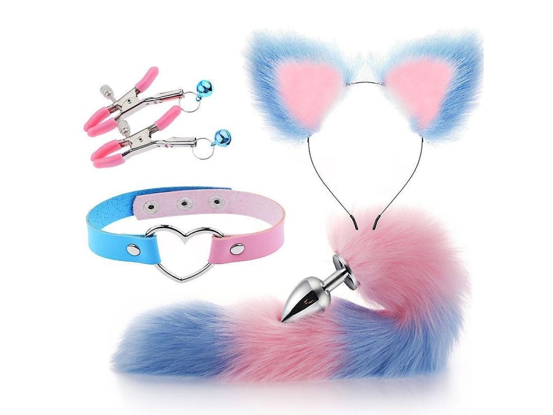 Dan26-conjunto De Rol Play Zorro Con Cola Anal, Orejas, Collar Y Pinza De Orejas De Metal Para Cosplay Azul Rosa 4