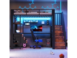 Cama Alta Metálica De 90x200 Cm, Con Escritorio, Cajón, Panel Perforado, Toma De Corriente, Iluminación Led, Estructura Negra, Colchón No Incluido.