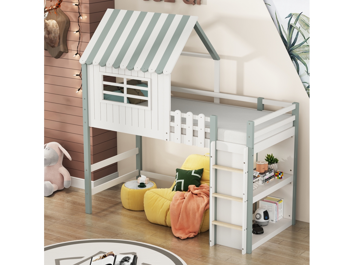 Esta cama infantil mide 90x200 cm, tiene altura regulable e incluye escalera de seguridad, espacio de almacenaje y estructura de madera maciza.