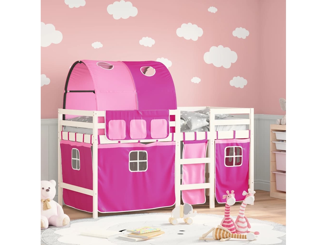 Cama Individual | Cama Alta Para Niños Con Túnel Madera Pino Rosa 90x190 Cm