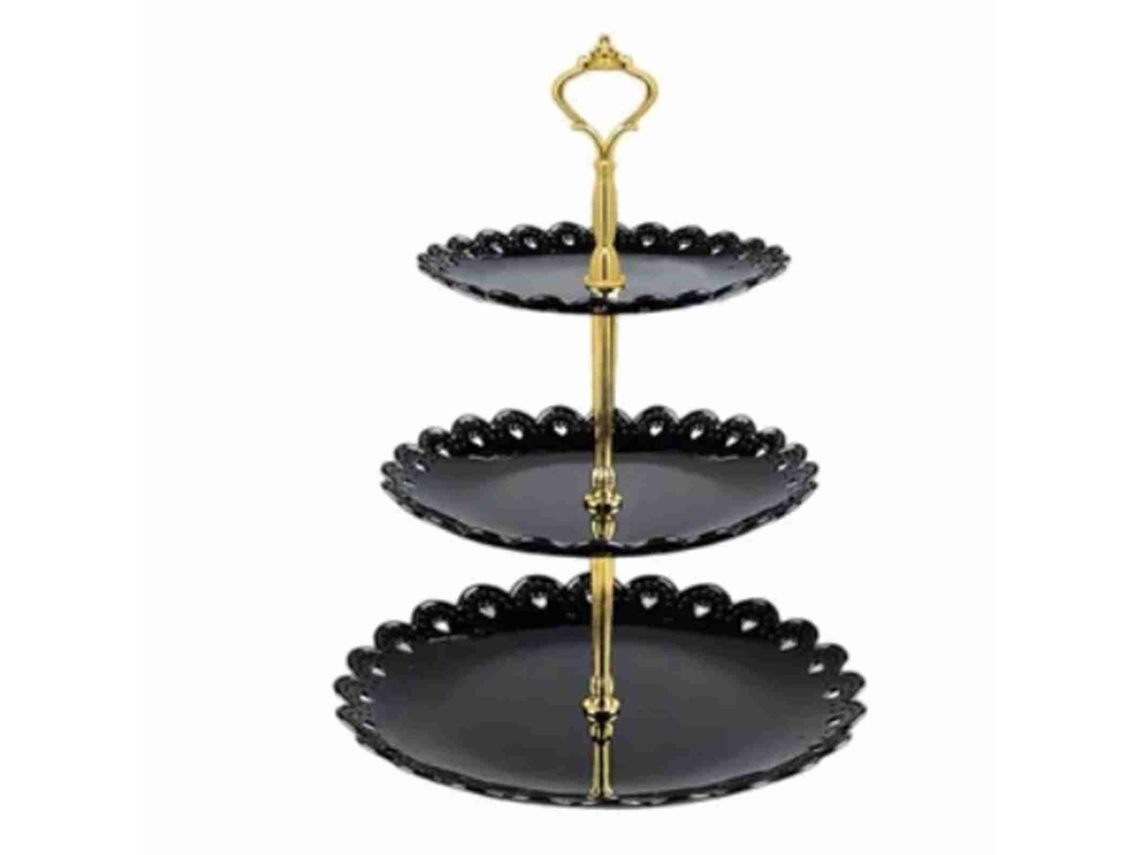 Plato de postre grande de lujo de plástico negro de 3 niveles