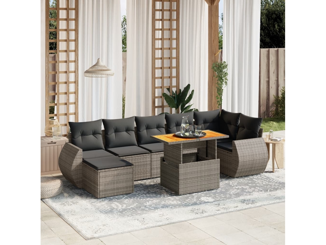 Conjunto de sofá de jardín de 8 piezas con cojines, ratán gris, DKD Home Decor